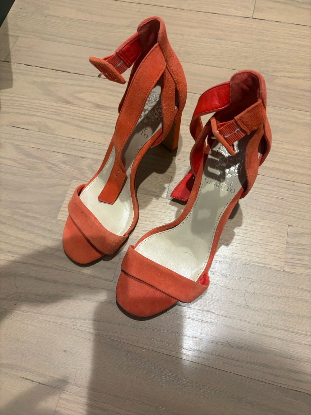 Vince Camuto Coral Orange Suede Ankle-Strap Block Heels